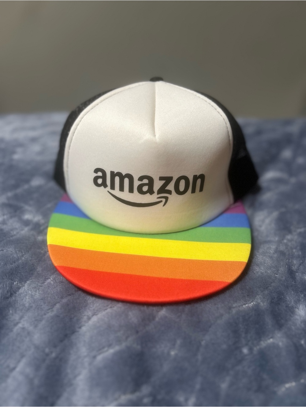 Amazon White & Rainbow Stripe Trucker Hat